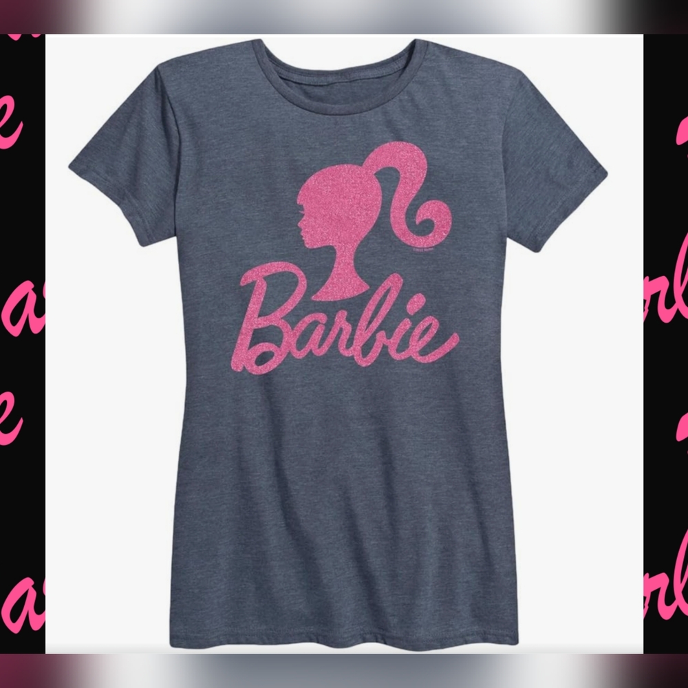Barbie Heather Blue Logo Girls Pink Glitter Short Sleeve Graphic Tee